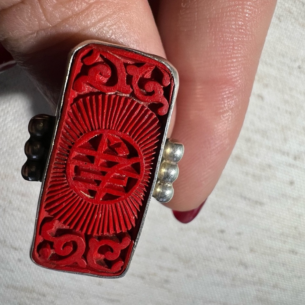 Vintage Chinese Cinnabar Sterling silver ring
